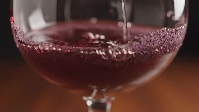 Closeup of red wine being poured into a glass creating bubbles.