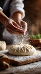 Obraz premium Skilled hands dusting white flour onto a large pleated dough on a wooden board, capturing the intricate process of shaping homemade dumplings for a traditional cuisine or family meal