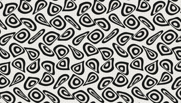 Abstract black and white distorted concentric circles pattern on a grid background.