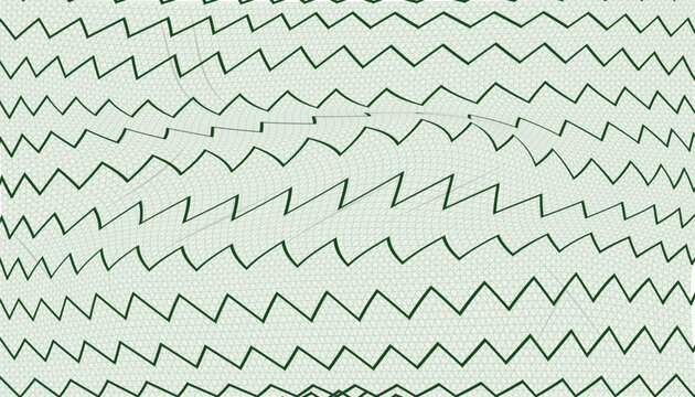 Green geometric zigzag lines on intricate mesh grid background with subtle wave distortion.