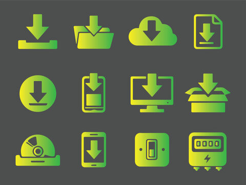 Green download symbols on dark background gradient