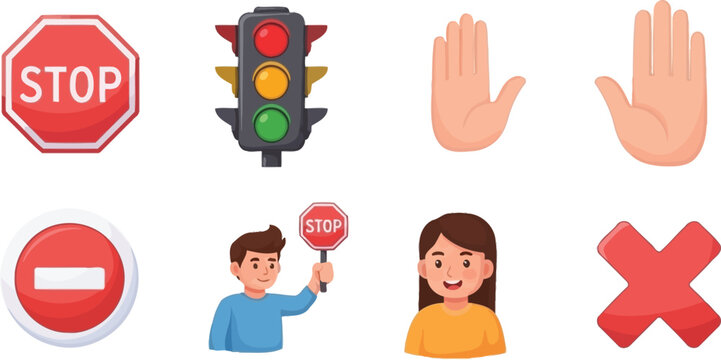 Hand gestures and stop signs in flat traffic light