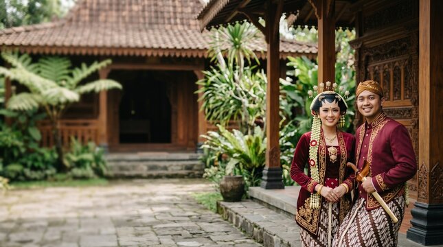 Romantic Javanese Couple in Traditional Attire Surrounded by Tropical Nature