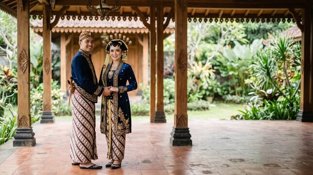 Romantic Javanese Couple Wearing Traditional Central Java Wedding Attire with Elegant Cultural Atmosphere