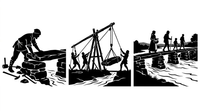 Historical bridge builders construction sequence showing mason positioning slab medieval wooden crane lifting heavy stone and travelers crossing completed river clapper bridge vector silhouette set