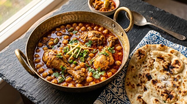 Traditional Murgh Cholay Curry with Tandoori Naan and Desi Achar