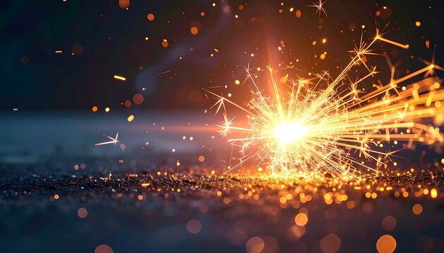 Welding sparks fly through dark industrial air with glowing bright flash