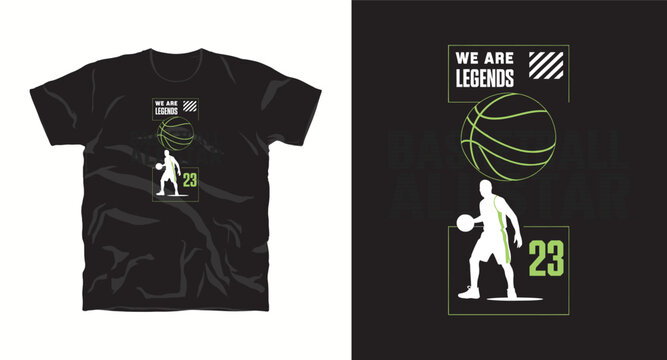 Basketball all-star t-shirt design featuring player dribbling ball and number 23, cool graphic with "we are legends" quote.