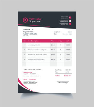 Pink and black invoice receipt with itemized list and totals