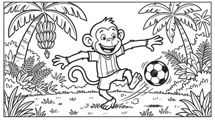 Cartoon monkey kicking soccer ball in tropical jungle scene black and white © SHEIKHJUNED