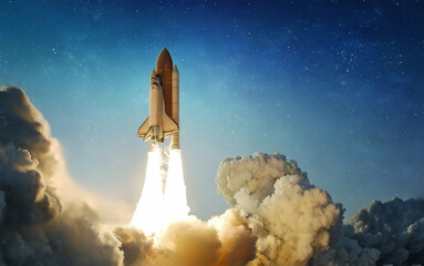 Space Shuttle in the sky. Rocket fly in space. Spaceship mission. Launch of rocket carry astronauts in outer space. Elements of this image furnished by NASA. Not AI. Photo collage © dimazel