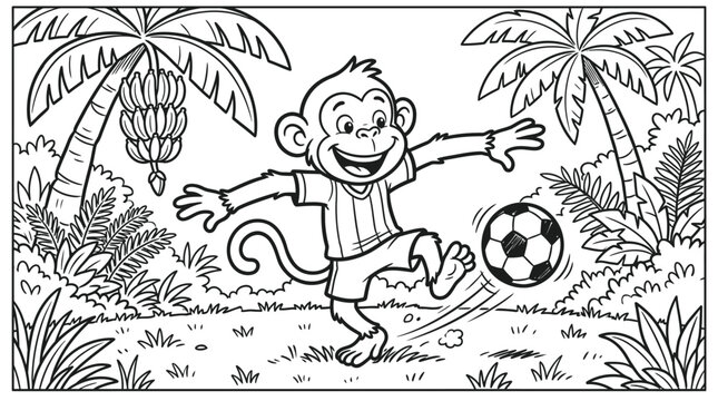 Cartoon monkey kicking soccer ball in tropical jungle scene black and white