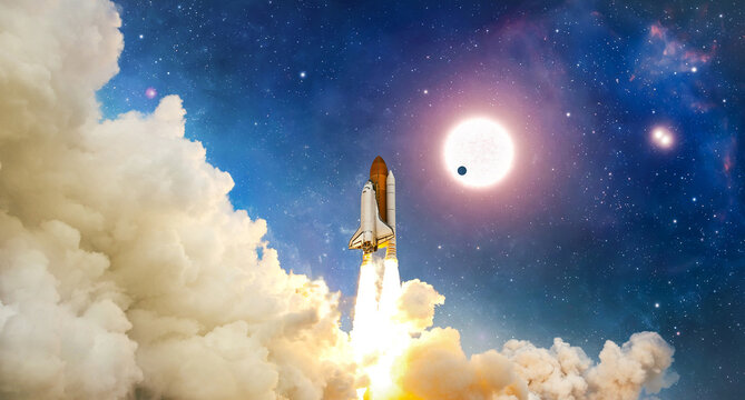 Space Shuttle in the sky. Rocket fly in space. Spaceship mission. Launch of rocket carry astronauts in outer space. Elements of this image furnished by NASA. Not AI. Photo collage
