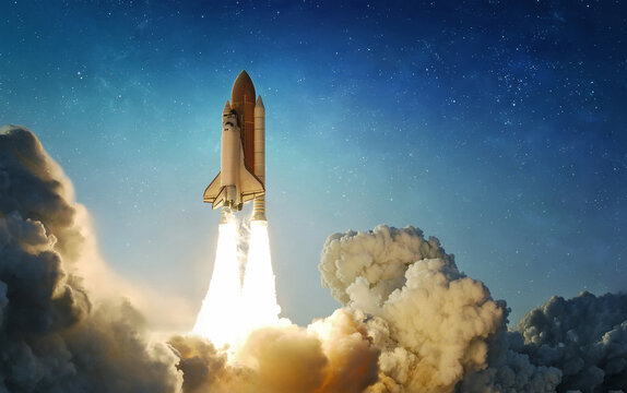 Space Shuttle in the sky. Rocket fly in space. Spaceship mission. Launch of rocket carry astronauts in outer space. Elements of this image furnished by NASA. Not AI. Photo collage