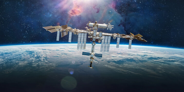 International Space Station orbiting above Earth. Outer space laboratory. ISS. Elements of this image furnished by nasa. Not AI content. Photo collage
