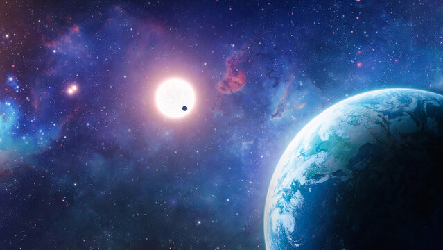 Planet Earth globe in outer space with bright stars and Sun. Landscape with planet surface and starry sky. Our Universe. Elements of this image furnished by NASA. Not AI. Photo collage