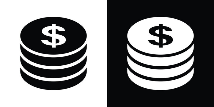 Stack of dollar coins in isometric perspective view. Wealth accumulation, financial savings, and budget icon vector graphic in black and white style.