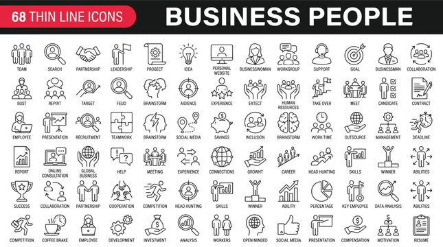 Business people line icons set. Businessman outline icons collection. Teamwork, human resources, meeting, partnership, meeting, work group, success, resume - stock vector.