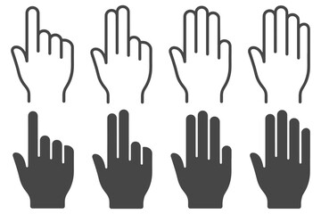 Fototapeta premium Hand gesture icon set with outline and filled variations. Finger pointing and open hand symbols.