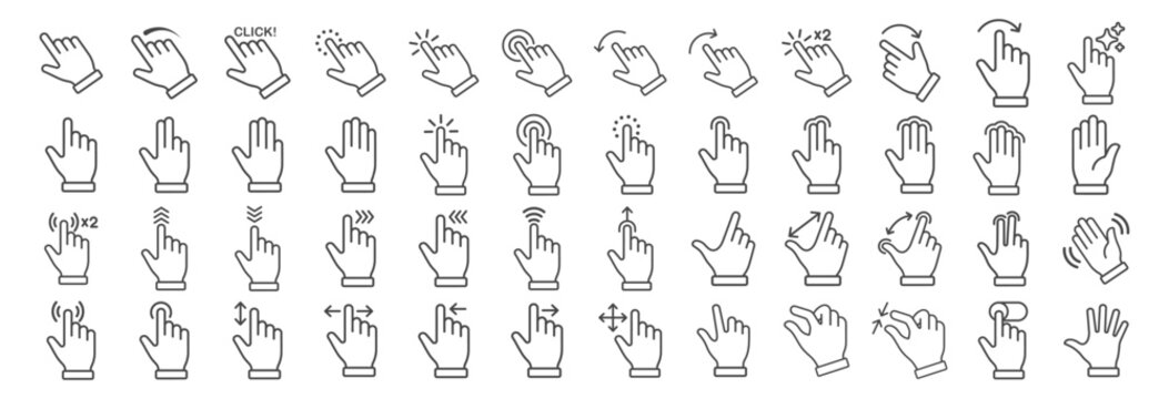 Touchscreen gesture hand icons on transparent background
