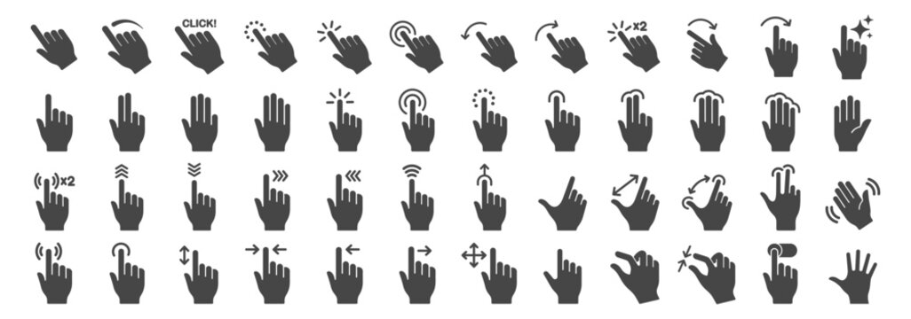 Hand gesture icon set showing various tap, swipe, press, and pinch interactions. Black silhouettes of touch gestures for mobile apps and interfaces.