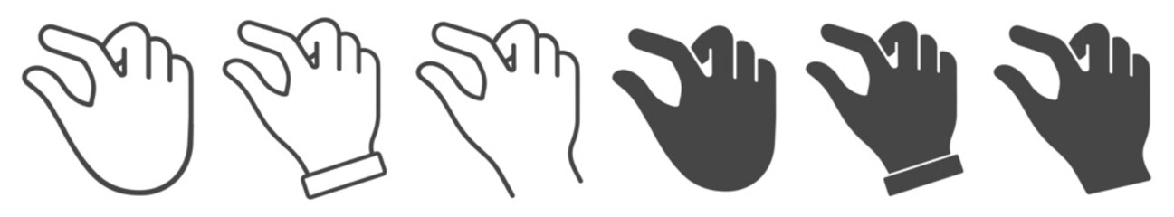 Hand gesture icons showing pinch sign in various outline and silhouette styles.