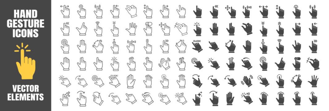 Hand gesture icon set on transparent background