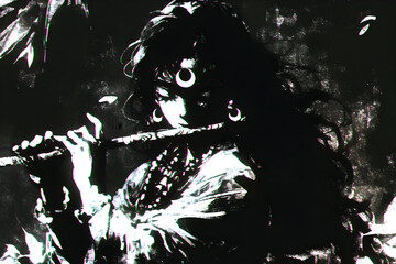 Fototapeta premium Lord Krishna playing music on bamboo flute. Digital illustration of Hindu deity for Krishna Janmashtami celebration. Artistic black white graphic art depicting divine spiritual musician.