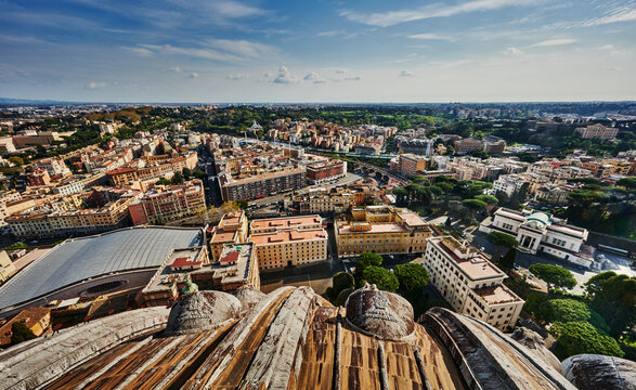panoramic view of Rome, Italy, likely taken from the dome of St. Peter's Basilica in Vatican City, Europe 