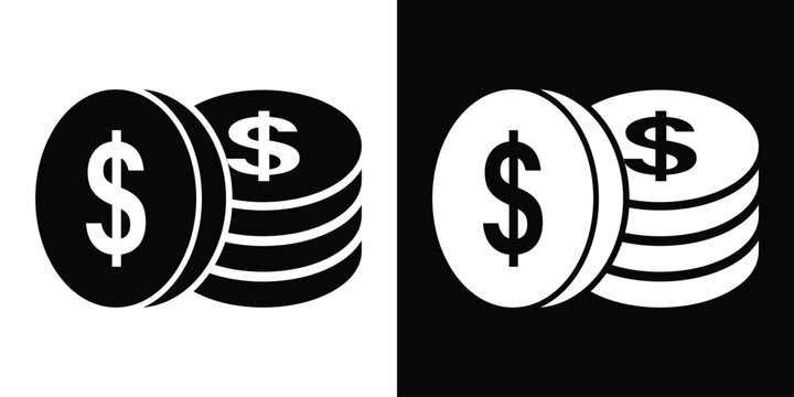 A tilted dollar coin leaning against a neat stack of coins. Revenue generation, asset management, and wealth creation icon vector in black and white.