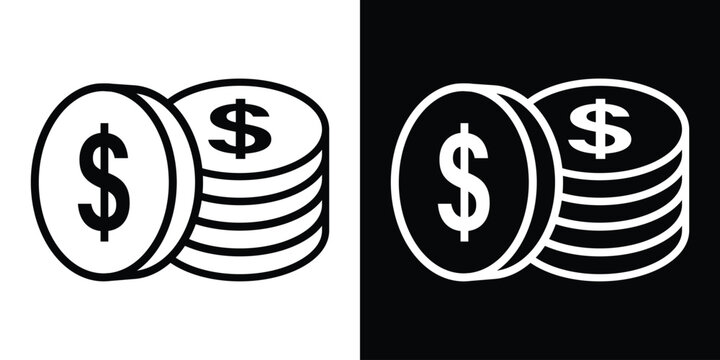 A tilted dollar coin leaning against a neat stack of coins. Revenue generation, asset management, and wealth creation icon vector in black and white.