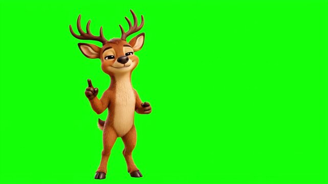 3D animated deer character talking and explaining, cute comic mascot isolated on chroma key green screen background
