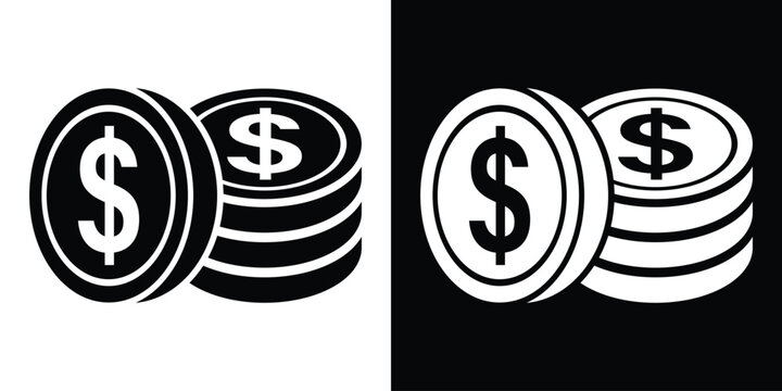 A tilted dollar coin leaning against a neat stack of coins. Revenue generation, asset management, and wealth creation icon vector in black and white.