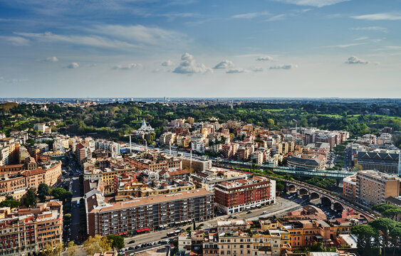 panoramic view of Rome, Italy, likely taken from the dome of St. Peter's Basilica in Vatican City, Europe 