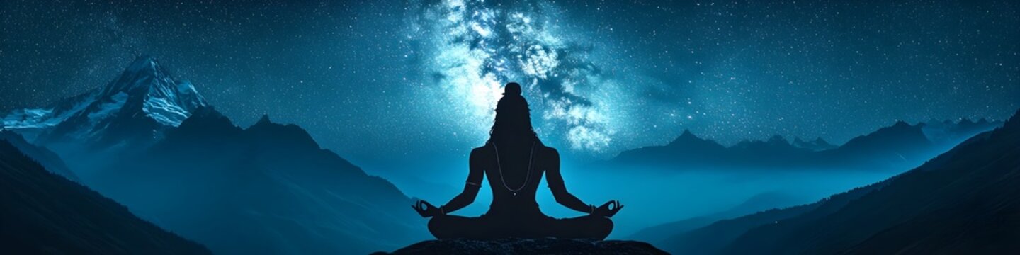 Silhouette of Lord Shiva meditating before the Milky Way galaxy night sky. Spiritual manifestation of divine energy in mountains. Banner with copy space