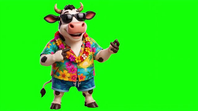 3D animated cow character wearing a colorful shirt and sunglasses talking and explaining, summer vacation comic mascot isolated on chroma key green screen background