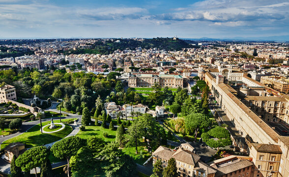 panoramic view of Rome, Italy, likely taken from the dome of St. Peter's Basilica in Vatican City, Europe 