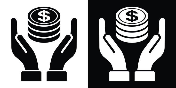 Human hands holding and protecting a stack of dollar coins. Financial protection, wealth insurance, investment care icon vector graphic in black and white.