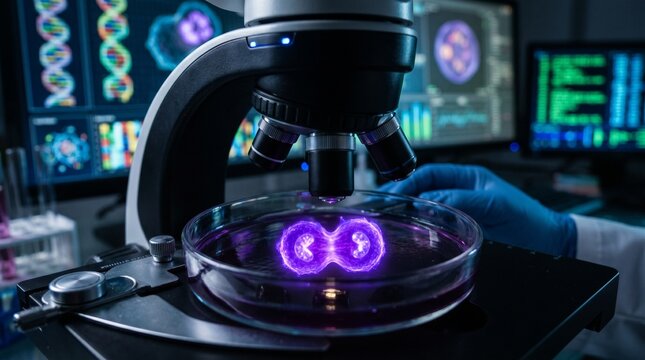 Scientist examining glowing purple dna sample under microscope in laboratory setting with computer screens displaying genetic data in background