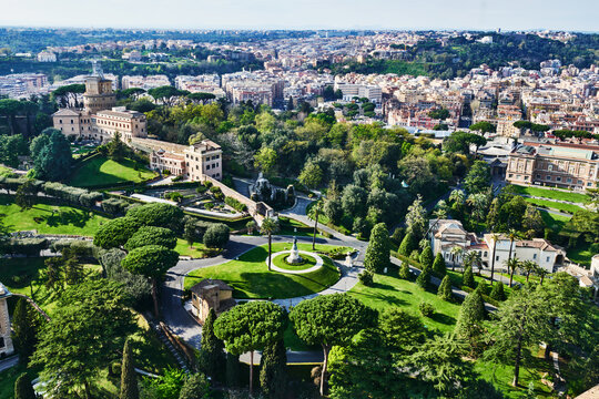panoramic view of Rome, Italy, likely taken from the dome of St. Peter's Basilica in Vatican City, Europe 