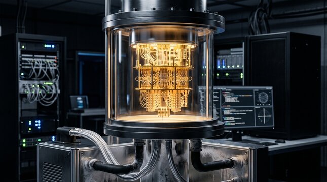 A large quantum computer processor with glowing circuits inside a glass cylinder on a metal base in a dark laboratory setting with computer equipment