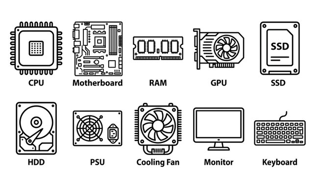 Computer hardware components on a white background illustration
