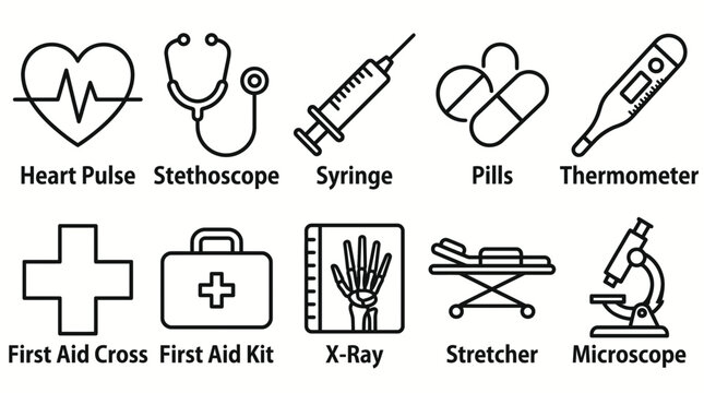 Medical icons display tools and equipment for health care