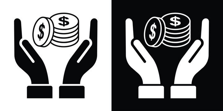 Human hands holding and protecting a stack of dollar coins. Financial protection, wealth insurance, investment care icon vector graphic in black and white.