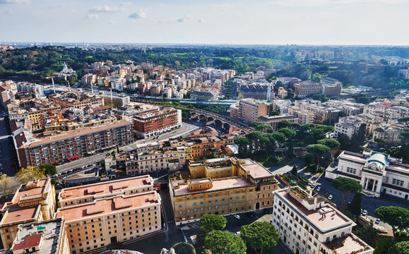panoramic view of Rome, Italy, likely taken from the dome of St. Peter's Basilica in Vatican City, Europe 