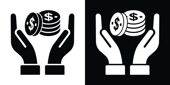 Human hands holding and protecting a stack of dollar coins. Financial protection, wealth insurance, investment care icon vector graphic in black and white.