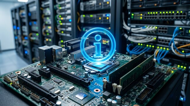 Closeup of a computer motherboard with a glowing blue information icon on the processor in a data center server room with various cables and equipment