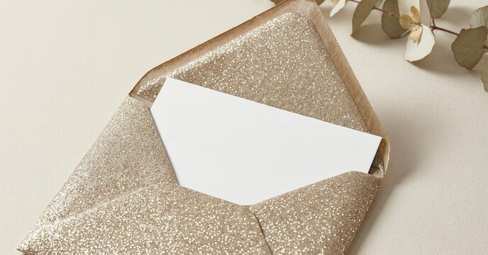Glitter Gold Envelope with White Card and Eucalyptus for Wedding Invitations