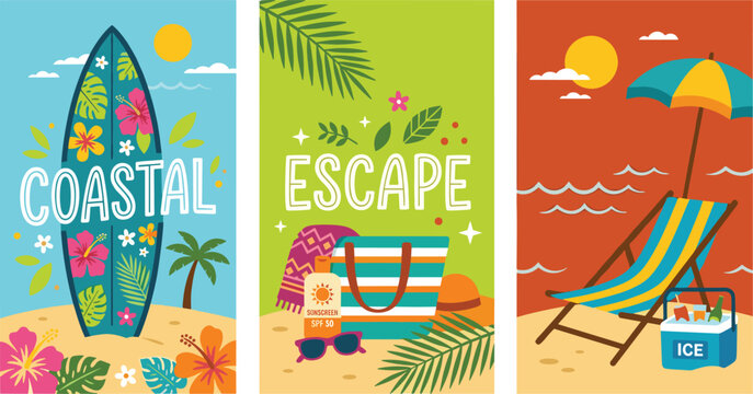 Set of three summer beach vacation banners with surfboard coastal text, escape beach bag, and lounge chair with umbrella, tropical vector illustration