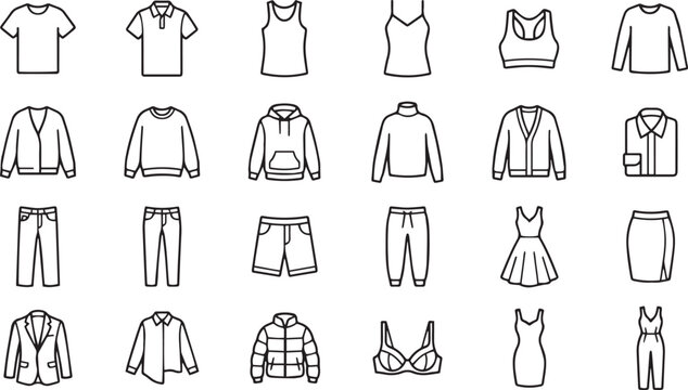 Fashion and clothing icon set with shirts, dresses, jackets and apparel symbols